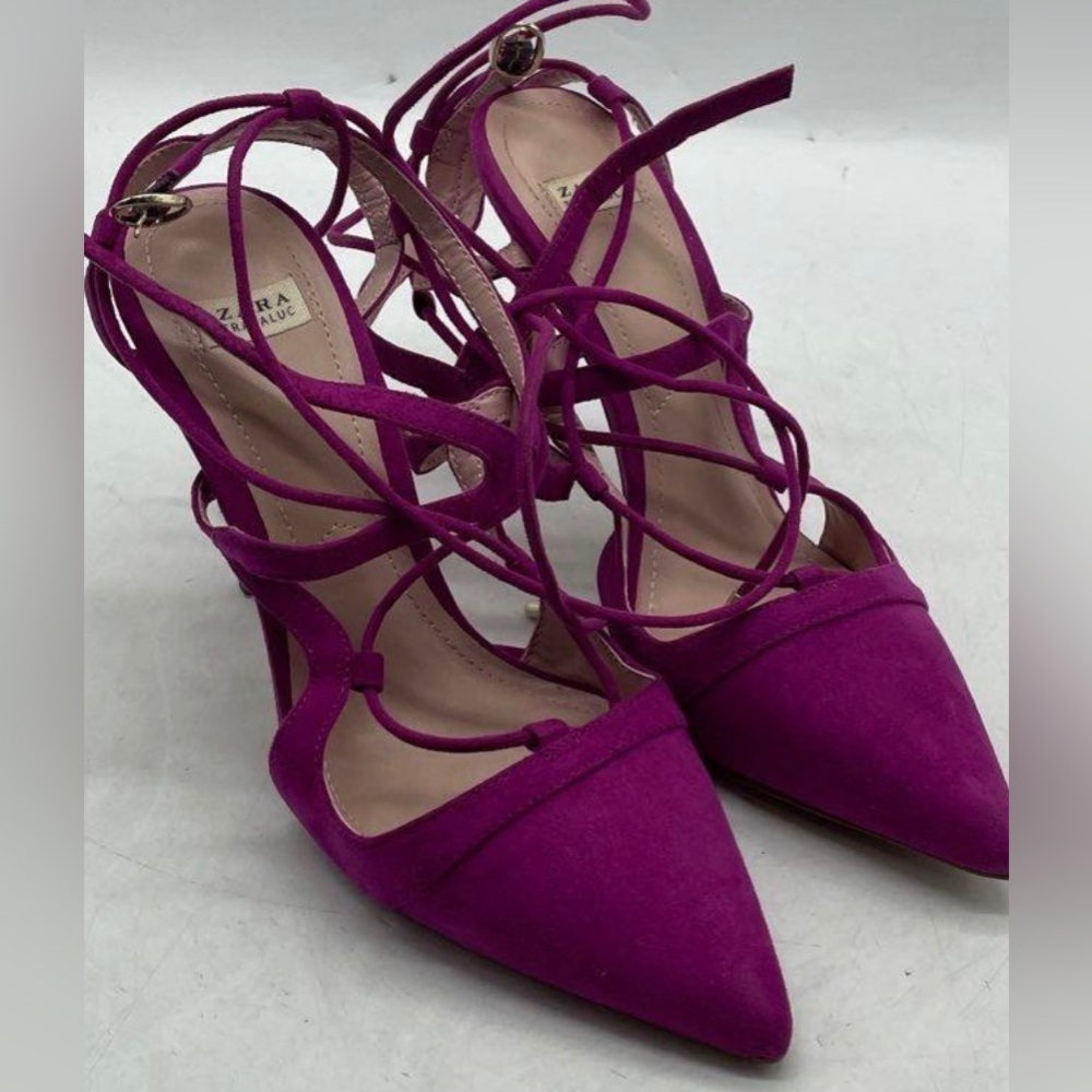 SOLD!! ZARA TRAFALUC Women Fuchsia Magenta Pink Suede Ankle Heel Shoes 37 6.5 US - Picture 8 of 10